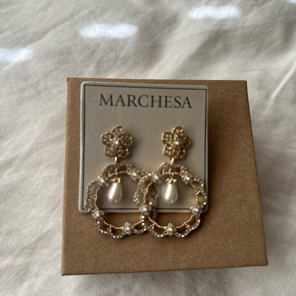 GoldTone Mother of Pearl, Imitation Pearl & Crystal Flower Orbital Drop Earrings - Picture 3 of 6